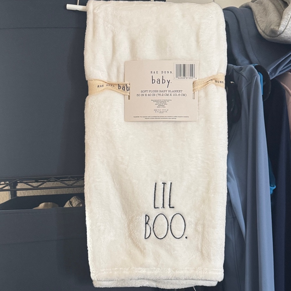 Rae Dunn White Baby Blanket with 'Lil Boo' Embroidery